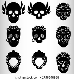 A set of nine skulls in the style of cyberpunk. Set for emblems or tattoos, cyborg skull. Nine emblems in the style of cyberpunk, skulls with implants. Vector illustration.
