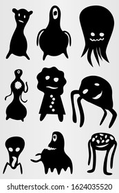 A set of nine small monsters. Small black creatures. Vector illustration.