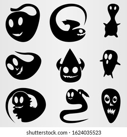 A set of nine small monsters. Small black creatures. Vector illustration.