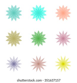 Set of nine small multicolor floral mandala in pale pastel colors. At the turquoise, pale red, orange, marsh, green, aquamarine, yellow and pale purple.