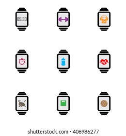 Set of nine smart watches with different color fitness icons