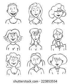 Set of nine smiling cartoon faces of girls. Black and white