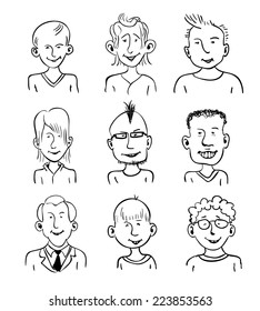 Set of nine smiling cartoon faces. Black and white