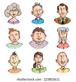 Set of nine smiling cartoon faces. Eps8 CMYK Organized by layers Global colors Gradients free