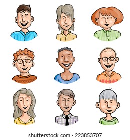 Set of nine smiling cartoon faces. Eps8 CMYK Organized by layers Global colors Gradients free