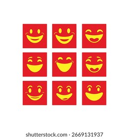 A set of nine smiling face emojis in red and yellow color. Each emoji has a different expression of happiness and joy. Vector illustration. Isolated on white background.