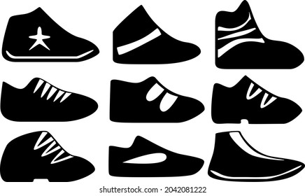 A set of nine sneaker silhouettes for games, websites, design, and more. Vector illustration.