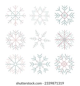 Juego de nueve copos de nieve dibujados al estilo del doodle
