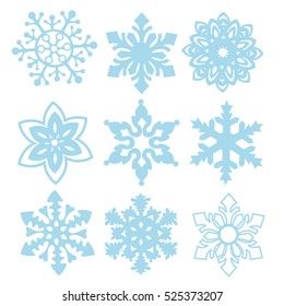 Set of Nine Snowflakes line ftat design vector illustration