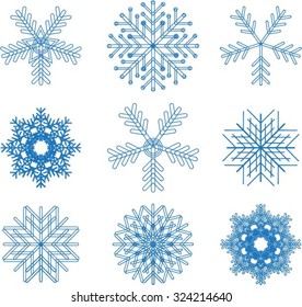 Set of Nine Snowflakes thin line flat design vector illustration