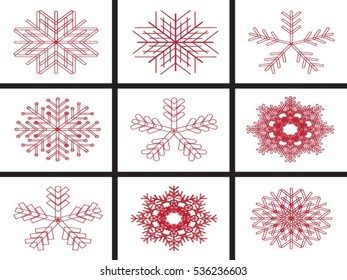 Set of Nine Snowflakes thin line flat design vector illustration