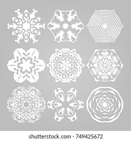 Set of Nine Snowflakes thin line flat design vector illustration