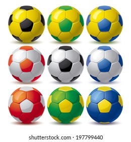 set of nine soccer balls in different colors