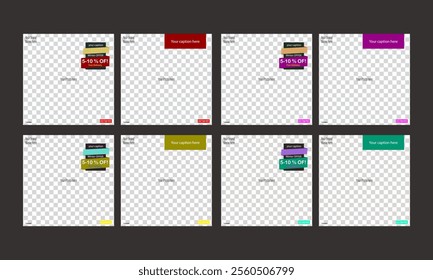 Set of nine social media post templates featuring layered colored rectangles, a prominent discount banner with "5-10% OFF!" text.