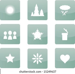 Set of nine soft green web icons with nature, weather and leisure symbols (vector)