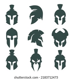 Set of nine spartan helmets. Commander's helmet