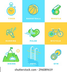 Set of nine sports icons. Beautiful colored health care icons. Vector Sport icon set