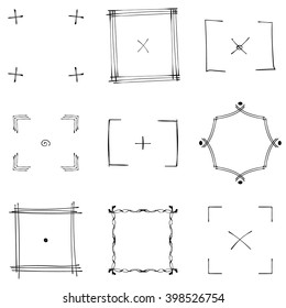 A set of nine square black doodle frames. Vector
