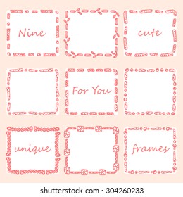 Set of nine square doodles frames. Vector hand-drawn illustration