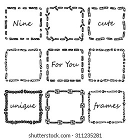 Set of nine square doodles frames. Vector hand-drawn illustration