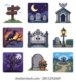 A set of nine square icons depicting various elements related to cemeteries and Halloween, including tombstones, a raven, a spooky tree, and a cemetery gate.