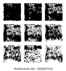 Set of nine square sponge imprints. Rectangular spots created with sponge and ink. Grunge paint squares. Eps10 vector