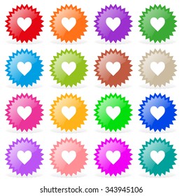 Set of nine star-shaped sticker with a picture of the heart. Isolated objects on a white background, vector illustration