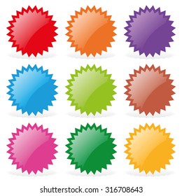 Set of nine star-shaped stickers. Isolated objects on a white background, vector illustration