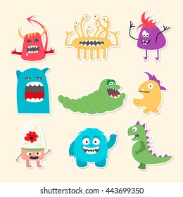 Set of nine stickers with cartoon cute monsters. Vector illustration.