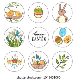 Set of nine stickers for the Easter.vector illustration of cute drawings and lettering. Spring flowers, painted eggs, cakes, birds and rabbit. Colorful sketch for postcards, cards, banners, decoration
