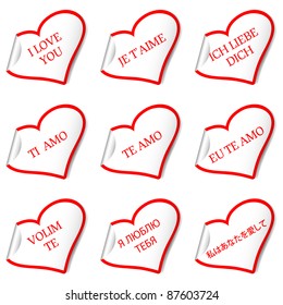 Set of nine stickers with words "I love you" on the various languages