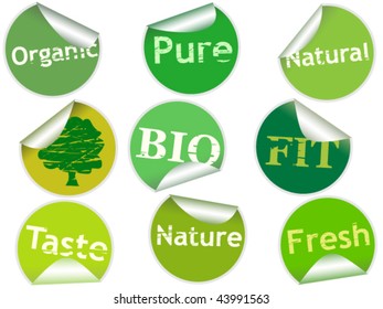 Set of nine sticky labels with words: pure, organic, nature, natural, bio, fit, fresh and taste