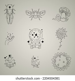 Set of nine stylish illustrations. Black logo on a light background. Hand drawn ink templates. Icons for decoration and design with crescent moon, sun stars, insects in boho style.