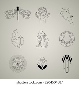 Set of nine stylish illustrations. Black logo on a light background. Hand drawn ink templates. Icons for decoration and design with crescent moon, sun stars, insects in boho style.