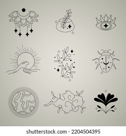Set of nine stylish illustrations. Black logo on a light background. Hand drawn ink templates. Icons for decoration and design with crescent moon, sun stars, insects in boho style.