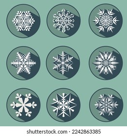 Set of nine stylish white snowflakes with shadows. New Year's attributes in trendy colors of 2023. The illusion of a three-dimensional image.