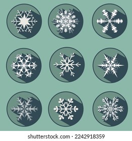 Set of nine stylish white snowflakes with shadows. New Year's attributes in trendy colors of 2023. The illusion of a three-dimensional image.