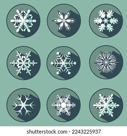 Set of nine stylish white snowflakes with shadows. New Year's attributes in trendy colors of 2023. The illusion of a three-dimensional image.