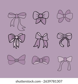 Set of nine stylized bows in varying shades of lavender, outlined in black, arranged on a coordinating purple background