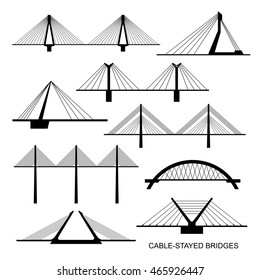 Set of nine stylized bridges. Black silhouettes of different modern cable-stayed bridge on a white background. Vector.