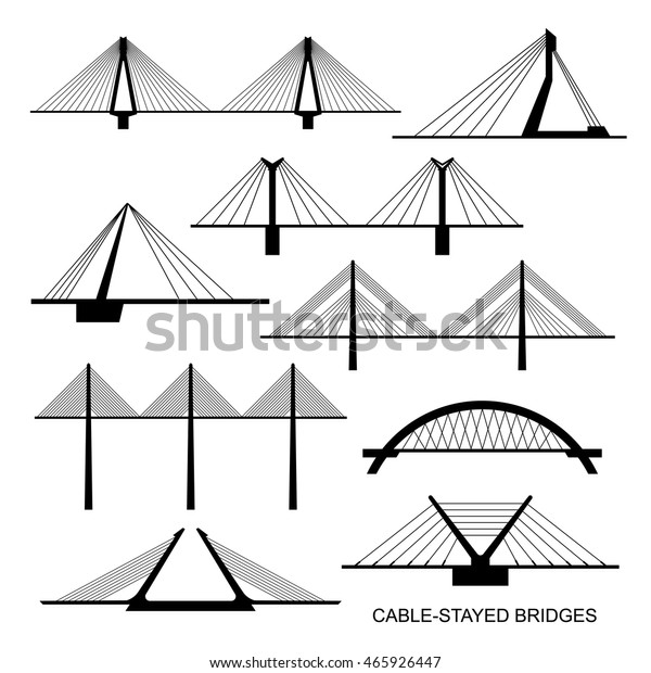 Set of\
nine stylized bridges. Black silhouettes of different modern\
cable-stayed bridge on a white background.\
Vector.