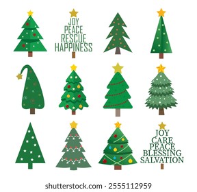 A set of nine stylized Christmas trees with simple geometric shapes and decorative elements. Each tree has various decorations, perfect for holiday design. Vector illustration