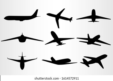 Set of nine stylized silhouettes of flying planes. Set for travel needs. Vector illustration.