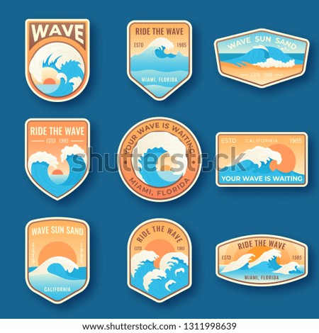 Set of nine summer holidays emblems. Labels with sun, waves, and sand in bright blue and orange colors. Beach emblems, badges and logo patches. Summer holidays, surfing