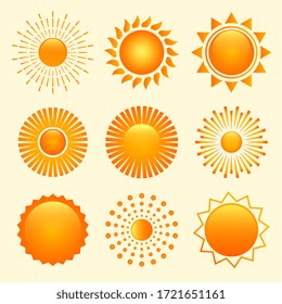 set of nine sun shapes icons in different styles