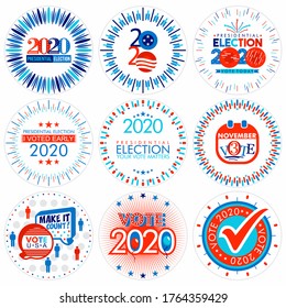 Set of nine sunburst Presidential Election campaign badges in United States of America patriotic flag colors for 2020 on an isolated white background