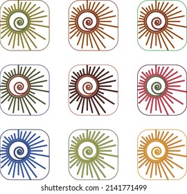 A set of nine suns of different colors. Vector file.