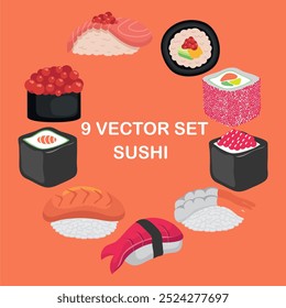 Um conjunto de nove imagens de sushi em um círculo. O sushi é colorido e apetitoso. O círculo é laranja e o sushi é desenhado em um estilo de desenho animado