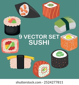 Um conjunto de nove rolos de sushi, cada um com um design diferente. Os rolos são dispostos em círculo, com alguns sobrepostos e outros em pé. Os rolos de sushi são coloridos e criativos