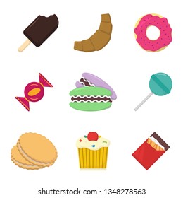 set of nine sweets in flat style, vector